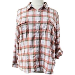 L.L. Bean 100% Cotton Red Lavender Plaid Roll Tab Button-Up Shirt Cabincore